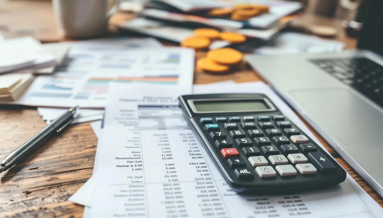 The image depicts a calculator alongside various financial documents on a desk, illustrating home sale calculations essential for the home selling process. These documents may include a purchase and sale agreement and details relevant to pricing strategies for selling a house without a realtor.