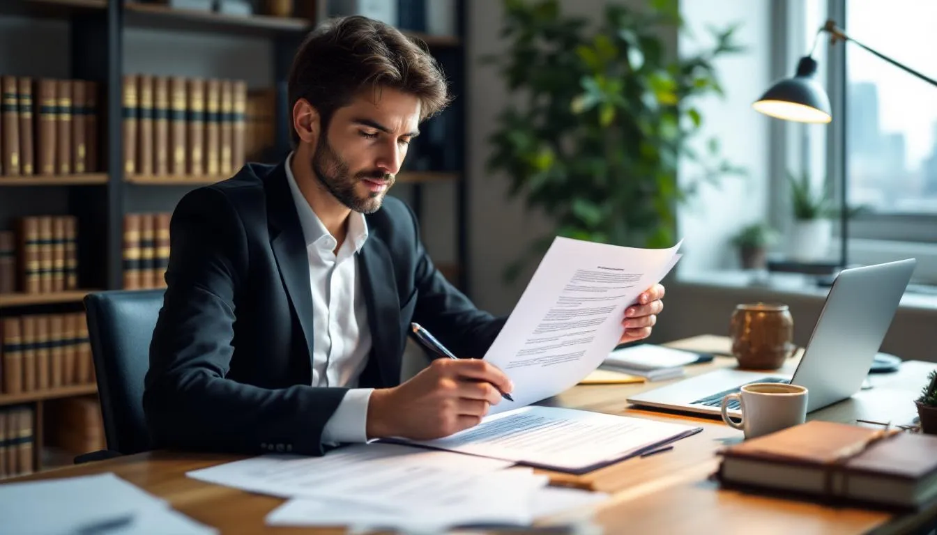 A person sits at a desk, reviewing legal documents and contracts related to a real estate transaction, with a pen in hand. This scene highlights the importance of understanding purchase agreements and legal risks when navigating the home selling process, especially for those considering selling a house without a realtor.