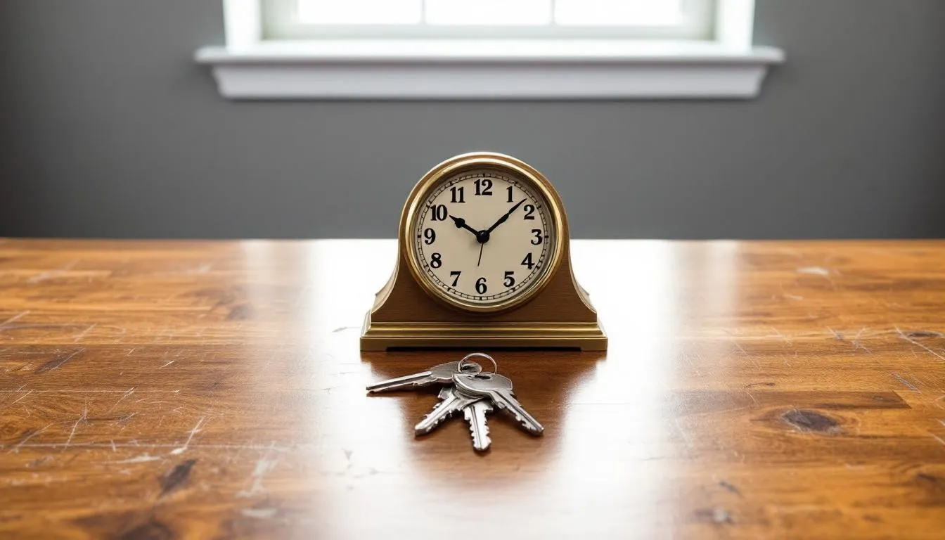 An image of a clock and house keys resting on a desk symbolizes the urgency of making time-sensitive decisions regarding mortgage payments and the potential for foreclosure. This visual represents the importance of acting quickly to avoid foreclosure and secure a favorable financial future.