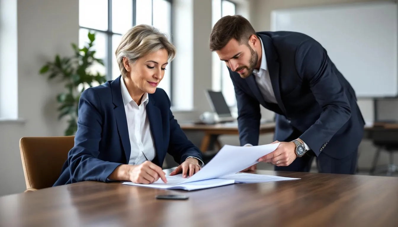 A homeowner and an experienced real estate agent are engaged in a professional meeting, reviewing important documents related to the foreclosure process and discussing options to avoid foreclosure. The scene reflects a serious discussion about mortgage payments, potential buyers, and the financial future of the homeowner.