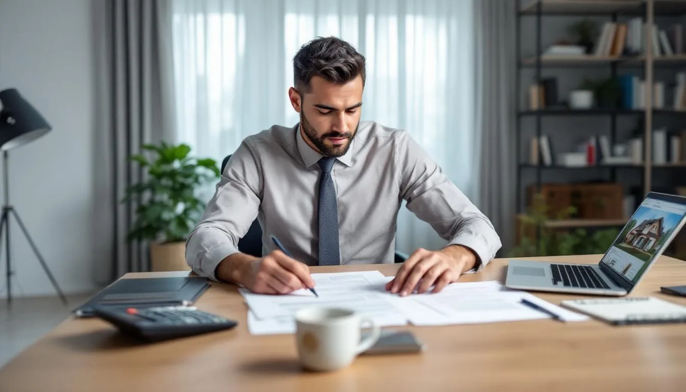 A professional homeowner is seated at a desk, carefully reviewing real estate documents, including a purchase agreement, with a calculator and laptop in front of them. This scene illustrates the home selling process, showcasing the importance of thorough preparation when navigating a real estate transaction, especially for those looking to sell a house without a realtor.