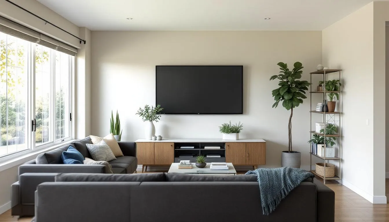 A professional real estate photographer captures high-quality photos of a beautifully staged living room, showcasing its inviting atmosphere to attract potential buyers in the local real estate market. The image highlights the importance of professional photography in the home selling process, especially for sellers looking to list their homes without a realtor.