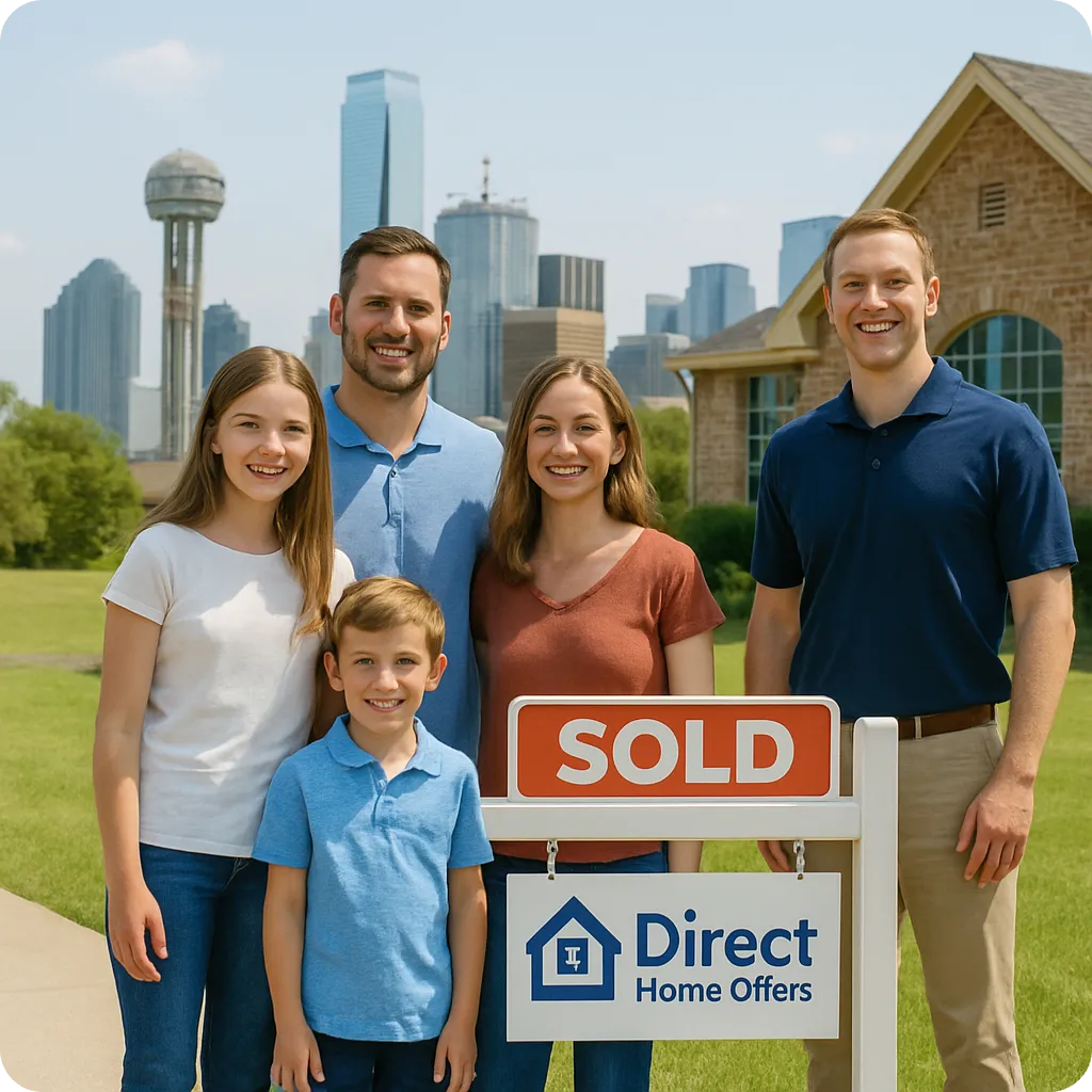 A family of four standing beside a Direct Home Offers member and a SOLD sign in front of their home, with the Dallas skyline in the background.